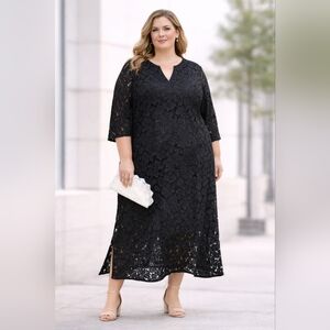 Tuckernuck Black Lace Jamie Eyelet Midi Dress V-Neck Lined Floral Sz 3XL